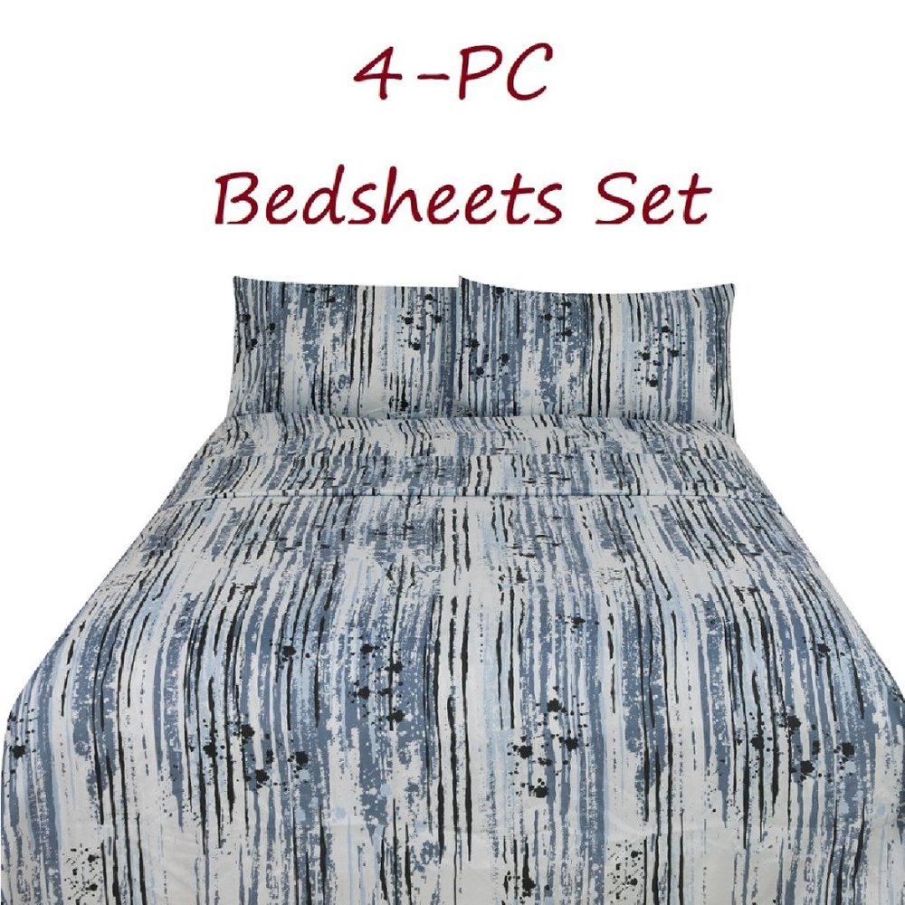 Printed Bed Sheets Set 4-pc Blue & Gray Streaks Full Queen King size